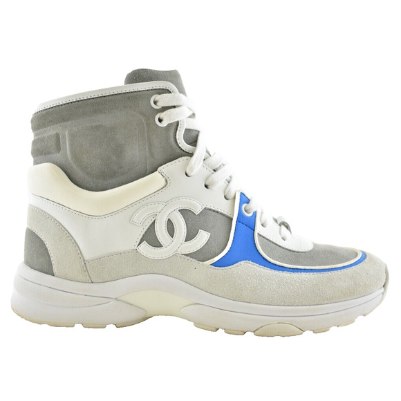 Chanel 18P Blue White Grey CC Logo Lace Up Tie Flat Trainer High Top Sneaker 38 - Picture 1 of 16